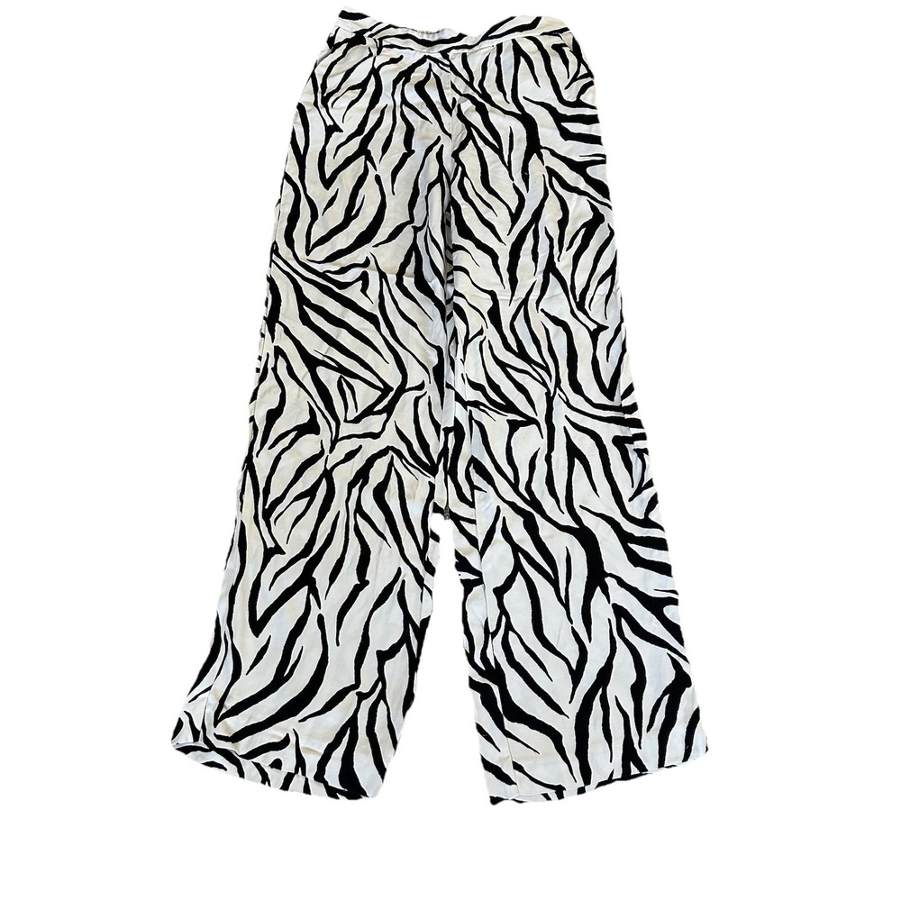Zara Women's Zebra Wide Leg Side Zip Pants Black White Dress L Elastic Waist S